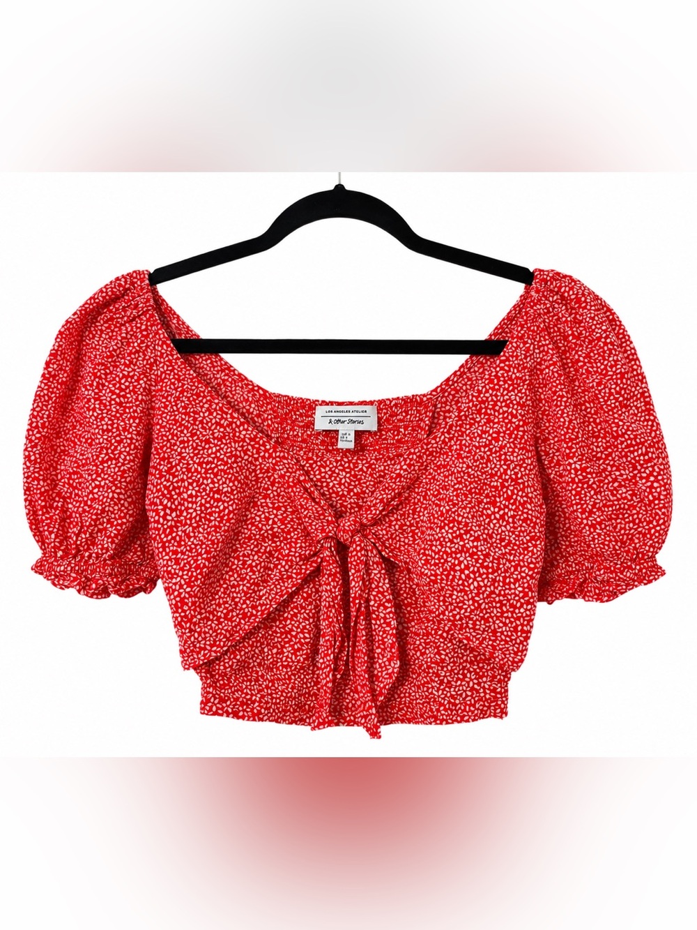 & Other Stories Red Puff-Sleeve Tie-Front Crop Top